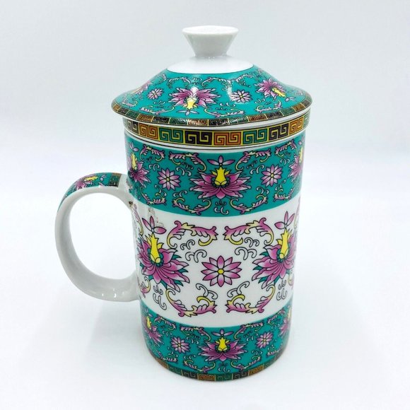 World Market Turquoise White Chinese Flower Tea Cup/Mug w/ Strainer Insert & Lid